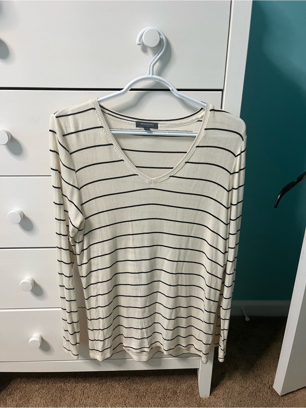 Madison Cream and Black Striped V-Neck Sweater